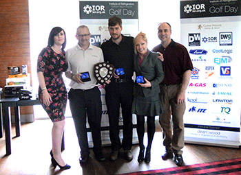 The winning team, Green Zone Surveys (UK) with a net score of 61.4, receive the 2014 trophy from Becky Treece-Birch (left) and IoR Northern branch treasurer Paul Cable of EJM