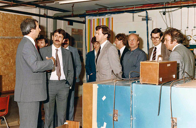 Roy (far left) conducts a tour of the IMI factory.  (Photo kindly supplied by Steve Glover of the Air Conditioning Agency)